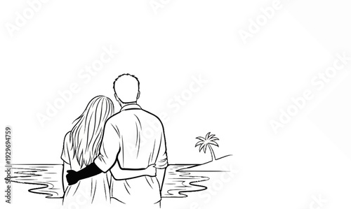 Couple embracing on shore, overlooking calm ocean with distant island