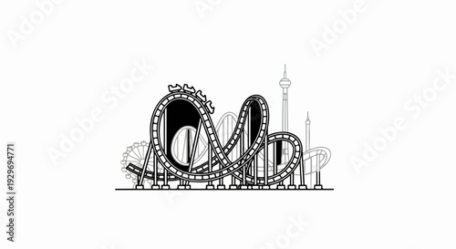 An amusement park scene with a roller coaster, Ferris wheel, and towers