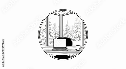 Workspace with laptop and coffee mug overlooks a snowy forest landscape through a window