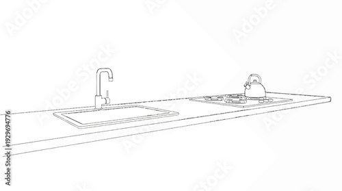 Minimalist sketch of kitchen counter with sink and kettle on stovetop