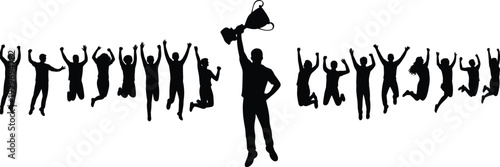 Large collection of black silhouettes featuring a champion holding a trophy cup high and diverse people jumping for joy and cheering isolated on white