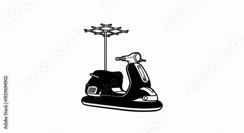 Stylized black and white cartoon sketch of a scooter with a raised, grid-like structure