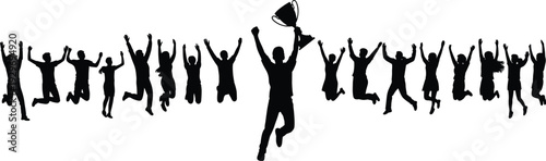 Large collection of black silhouettes featuring a champion jumping with a trophy cup and diverse people cheering with raised hands isolated on white background