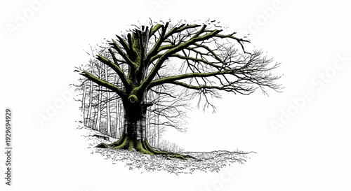 A gnarled, moss-covered tree with spreading branches against a backdrop of thin, bare trees