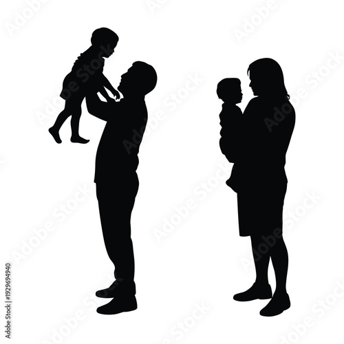 Silhouettes of a father lifting his child and a mother holding her baby