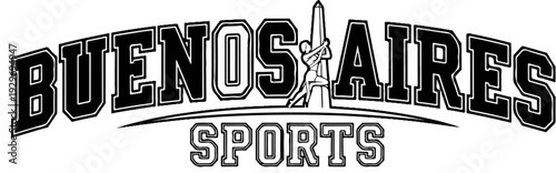 Black outlined text "BUENOS AIRES" arched over "SPORTS" with a silhouette of a person