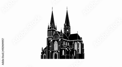 A Gothic cathedral with two tall spires dominates the frame