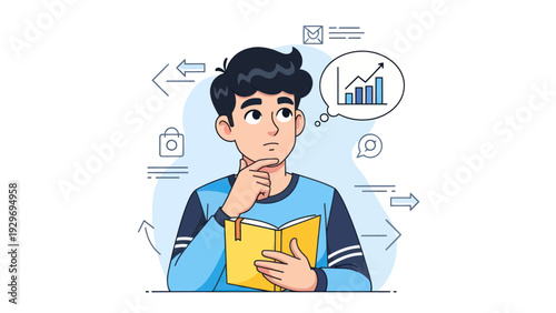 Young man thinking with book and business growth chart illustration