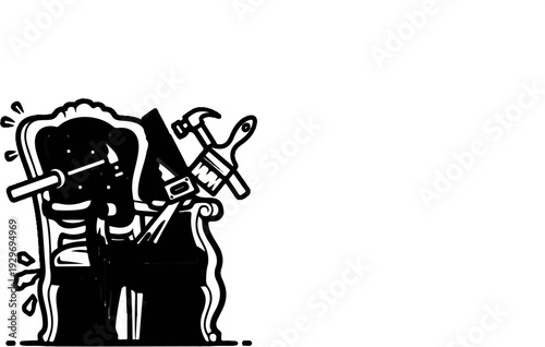 A detailed illustration of a chair with upholstery tools and a hammer