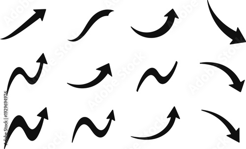 Collection of diverse black arrows with varying curves and directions