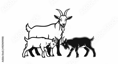 A group of three goats, one large and two smaller, are depicted in a stylized black and white illustration