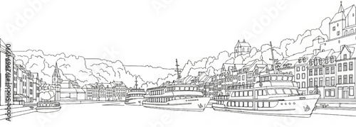 Sketch of a picturesque riverside town with boats moored along the bank