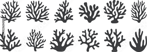 Black coral reef shapes set, isolated on white background for marine and underwater sea design