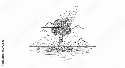 A solitary, twisting tree with exposed roots stands amidst flowing water and clouds