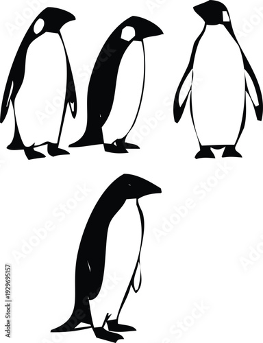 Four stylized penguin shapes are displayed in black with one looking down creating a striking silhouette high quality professional detailed modern
