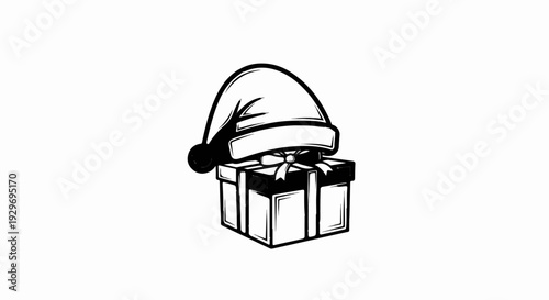 A simple black and white illustration of a gift box wearing a Santa hat