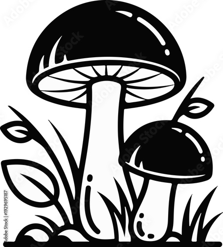 Two stylized mushrooms with gills and leaves in a graphic, black and white illustration
