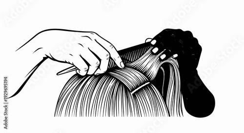 Close-up of hands styling long hair with comb and scissors, black and white illustration