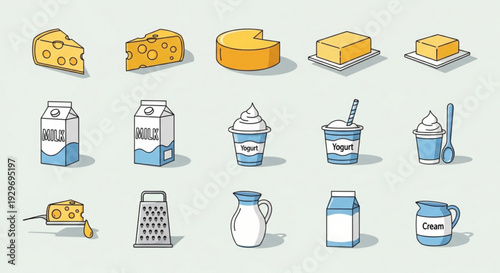 Dairy products icons set including cheese milk yogurt butter cream and grater on light background