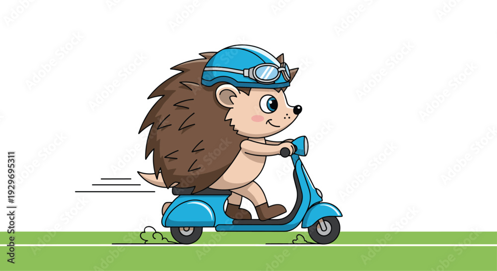 Naklejka premium Cheerful hedgehog wearing a blue helmet and goggles riding a blue motor scooter along a green grassy road.