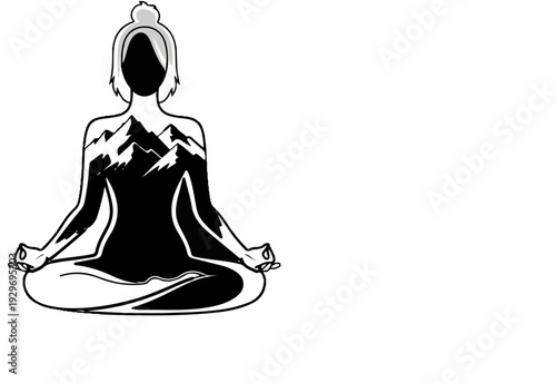 Silhouette of a person in a meditative pose with mountains within their torso