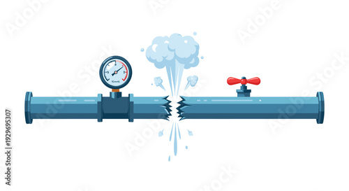 Industrial accident illustration of a blue metal pipe bursting with steam under high pressure near a valve.