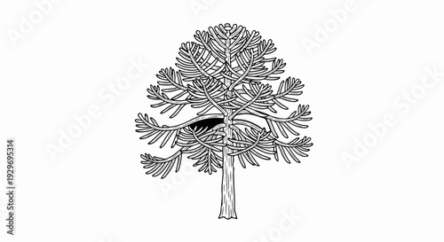 Stylized black and white drawing of a coniferous tree with layered branches