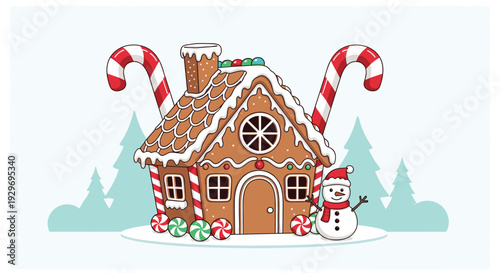 Colorful gingerbread house decorated with frosting, candy canes, a snowman, and peppermint candies in a snowy winter landscape.