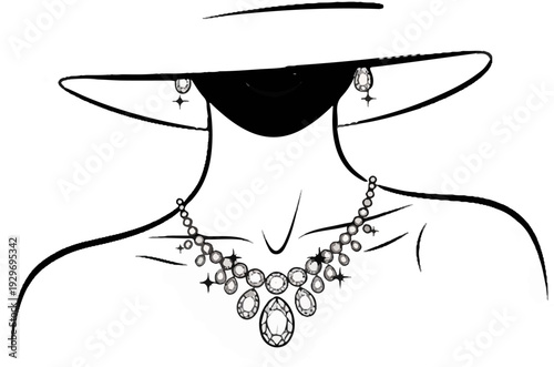 Elegant woman in a wide-brimmed hat adorned with stunning diamond necklace and earrings