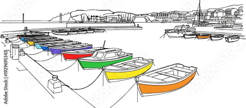 Colorful boats docked in a scenic harbor with a distant cityscape and mountains