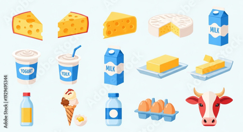 Dairy products icons set including milk cheese yogurt butter eggs ice cream and cow for nutrition and food concepts