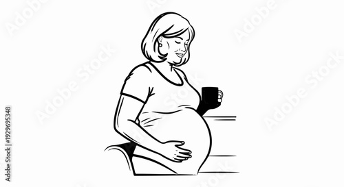 Pregnant woman with short hair, holding a mug, resting her hand on her belly