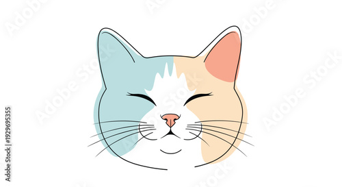 Close-up face of a happy calico cat with its eyes closed and a peaceful smile against a plain white background.