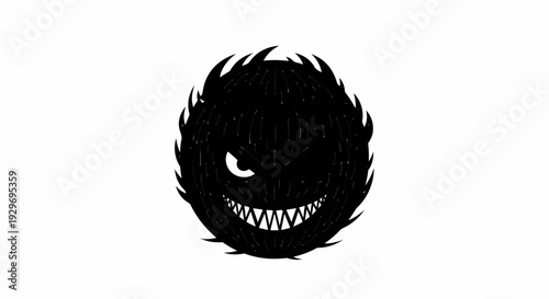 A menacing black fuzzy ball with sharp teeth and an angry eye