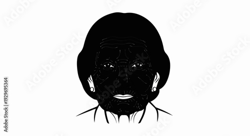 Stylized black and white illustration of an older person's face, featuring prominent wrinkles and a warm smile