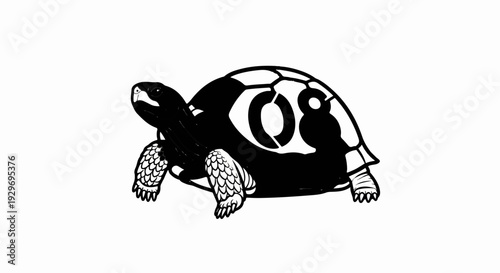 Stylized black turtle with a segmented shell, featuring a prominent circular design