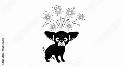 A black chihuahua with wide, worried eyes looks up at a burst of fireworks