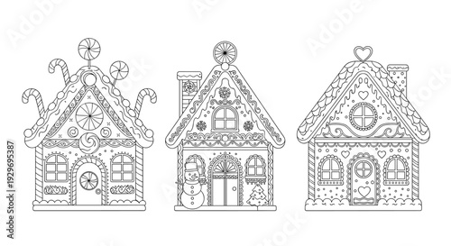 Collection of three ornate gingerbread houses decorated with various candies and sweets for Christmas coloring book.