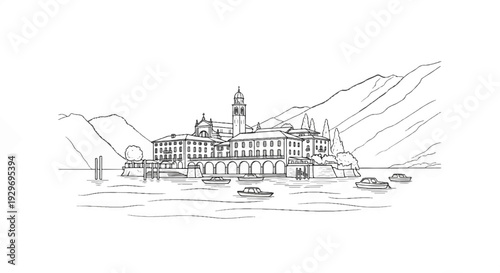 Sketch of a historic lakeside town with boats on the water