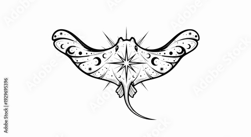 Celestial-themed manta ray with star and crescent moon designs