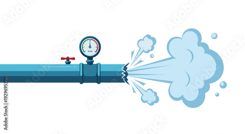 Industrial blue pipe with a pressure gauge and valve leaking white steam or gas against a clean white background.