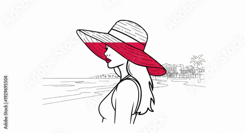 Elegant woman in a wide-brimmed hat stands by the ocean with palm trees and buildings