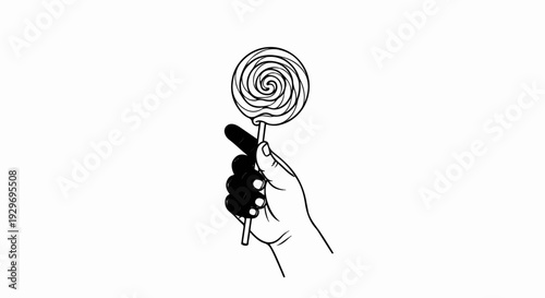 A hand holds a swirling lollipop with a black thumb