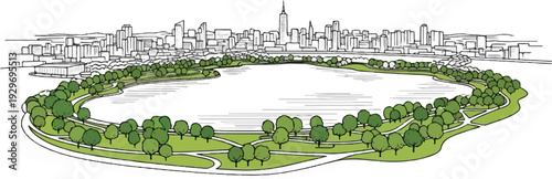 Sketch of a city skyline overlooking a park with a pond and winding paths