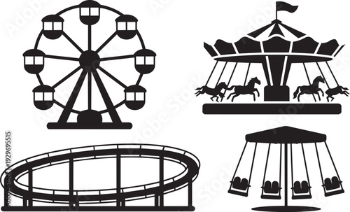 Collection of amusement park rides in a clean black silhouette style