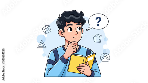 Young man thinking with book and question mark in cartoon style