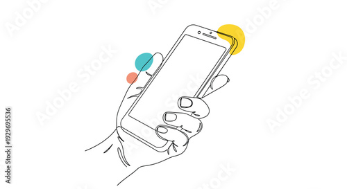 Minimalist continuous line drawing of a hand holding a modern smartphone decorated with vibrant colorful circles of light.