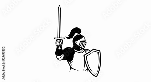 Black and white illustration of a medieval knight holding a sword and shield