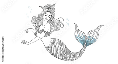 Beautiful mermaid with long flowing hair and a large bow underwater with bubbles and a detailed scale pattern on her tail.