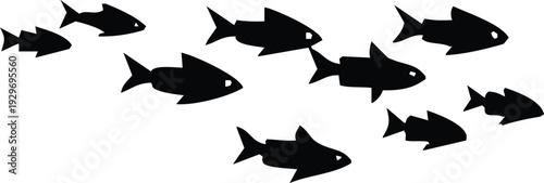 A school of black fish swims in a dynamic curved formation against a plain white background silhouette high quality professional detailed
